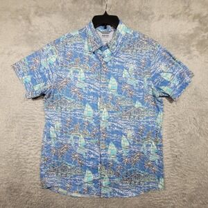 IZOD Saltwater Shirt Mens Large Palm Tree Sailboat Print Button‎ Up Short Sleeve